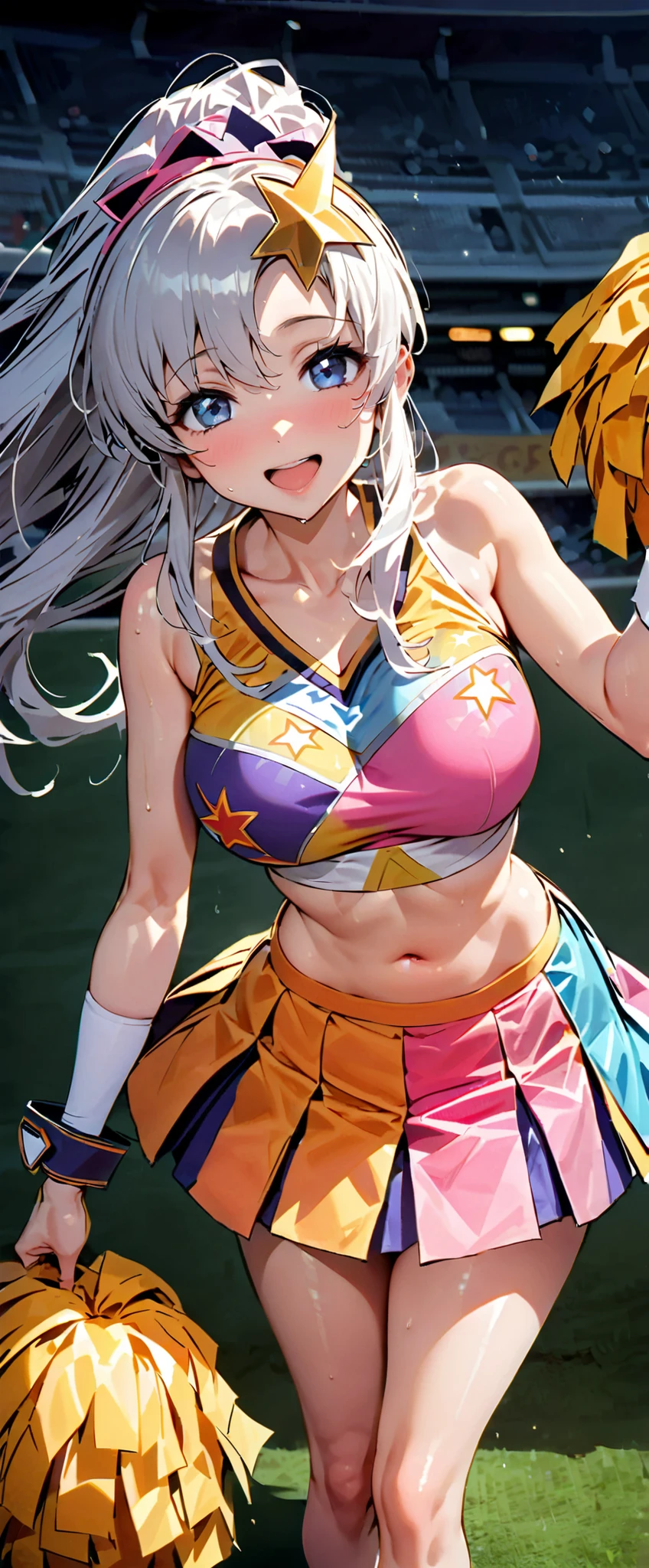 (masterpiece,top quality,Ultra High Resolution),1 Japanese woman, (((Very Beautiful Old Lady ))), cute girl、WATCH THE PHOTOGRAPHER、 (()), very cute face, Shiny Lips, double eyelids on both eyes ,natural smile、 natural makeup, long eyelashes, shiny hair、, Perfect hands and feet, perfect anatomy,((( Sparkling Cheering Uniform ,Cheerleader,Cheerleader,Tube Top,miniskirt))))Stadium, Meer Campbell,the appeal of a sweaty,(((Tube Top)))((((please open your mouth,))))