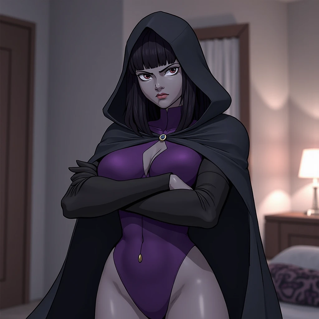 (solo:1.1),(masterpiece), (best quality:1.3), ultra detailed, intricate, professional art, digital art, absurdres, shadraven, (Full body view:1.1), 1girl, solo, (grey skin:1.4), dark purple hair, bob hair, purple eyes, hips wider than shoulders, pear shaped body, jewellery, detailed thighs, thick thighs, red jewel in forehead, jewels, (long sleeved turtleneck leotard:1.3), cuffs, small breasts, (shadraven cloak), (Shadraven broach:1.2), Shadraven jewel belt, Shadraven wearing a long sleeved leotard outside at night, long legs, ( long crotch bulge:1.4), large penis, large testicles, side angle view, looking at viewer, bubble butt , gluteal crease, universal lighting,,