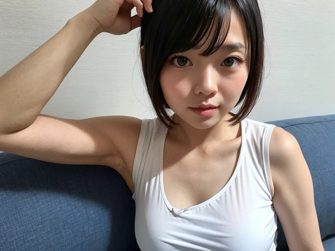 Japanese beautiful girl、Semi-short hair、Black Hair、Looks 16 years old、Half-open lips、Clear eyes、Plump cheeks、Plump lips、Innocent expression、Tank top、field、Half-open mouth、Dark Skin、Detailed skin texture、Photorealistic images、Photographic quality、Yayoi、Cleavage、Summer Beautiful Girl、Forward bending pose、Looking up、Sweaty、Leaning forward
