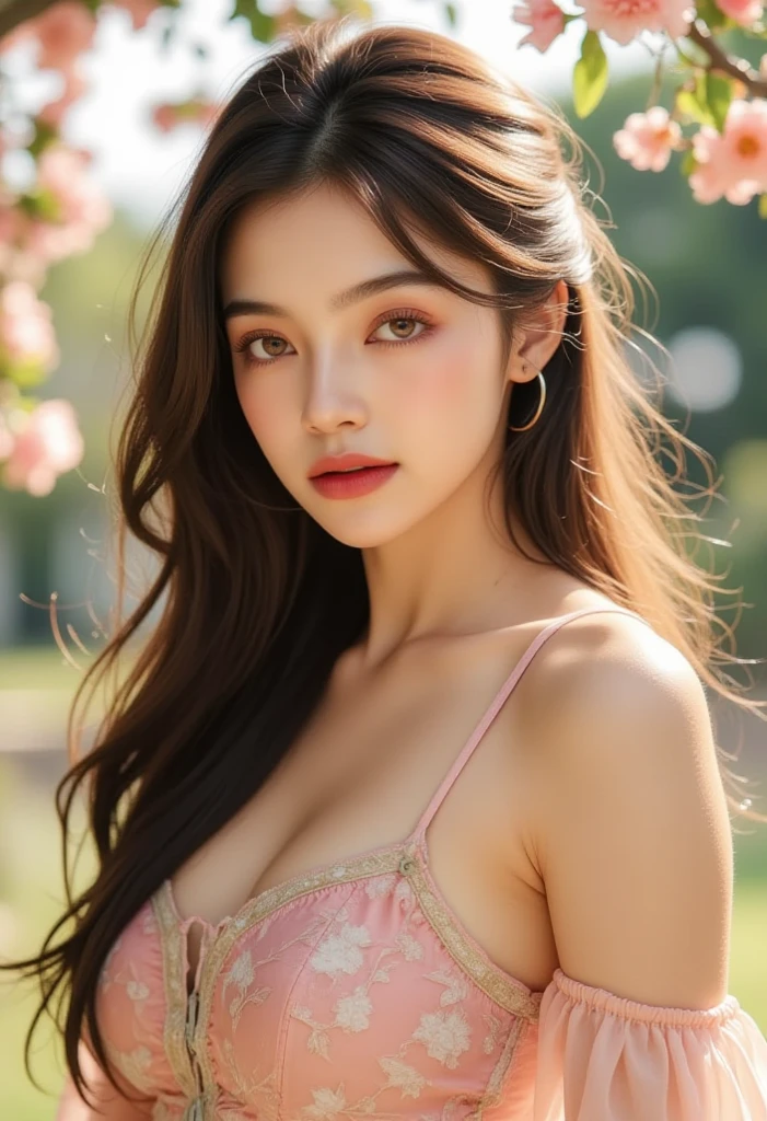 1 cute malay girl, long fashion hair, black and straight hair, chubby body, ample cleavage, puffed round breasts, (aerola shown), big breast , slit house dress, mid shot, masterpiece, realistic photography, photorealism, highly detailed, ultra hd, 8k, detailed face, bright eyes, perfect eyes, detailed skin texture, charming makeup, detailed lips, sensual lips, perfect hands, outdoor, dynamic light and rendering, cowboy shot, sharp focus, in summers, nsfw