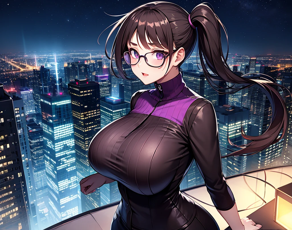 Chica de anime usando lentes con un traje ????? posando en una calle de la ciudad, Thicc, Oppai cyberpunk, OPPAI, seductora chica de anime, en una calle de la ciudad, Badass Anime 8K, [ Arte digital 4K ]!!, pechos grandes!, biomechanical oppai, pechos grandes!!, Anime Moe Artstyle, anime! 4k, anime! 4 mil