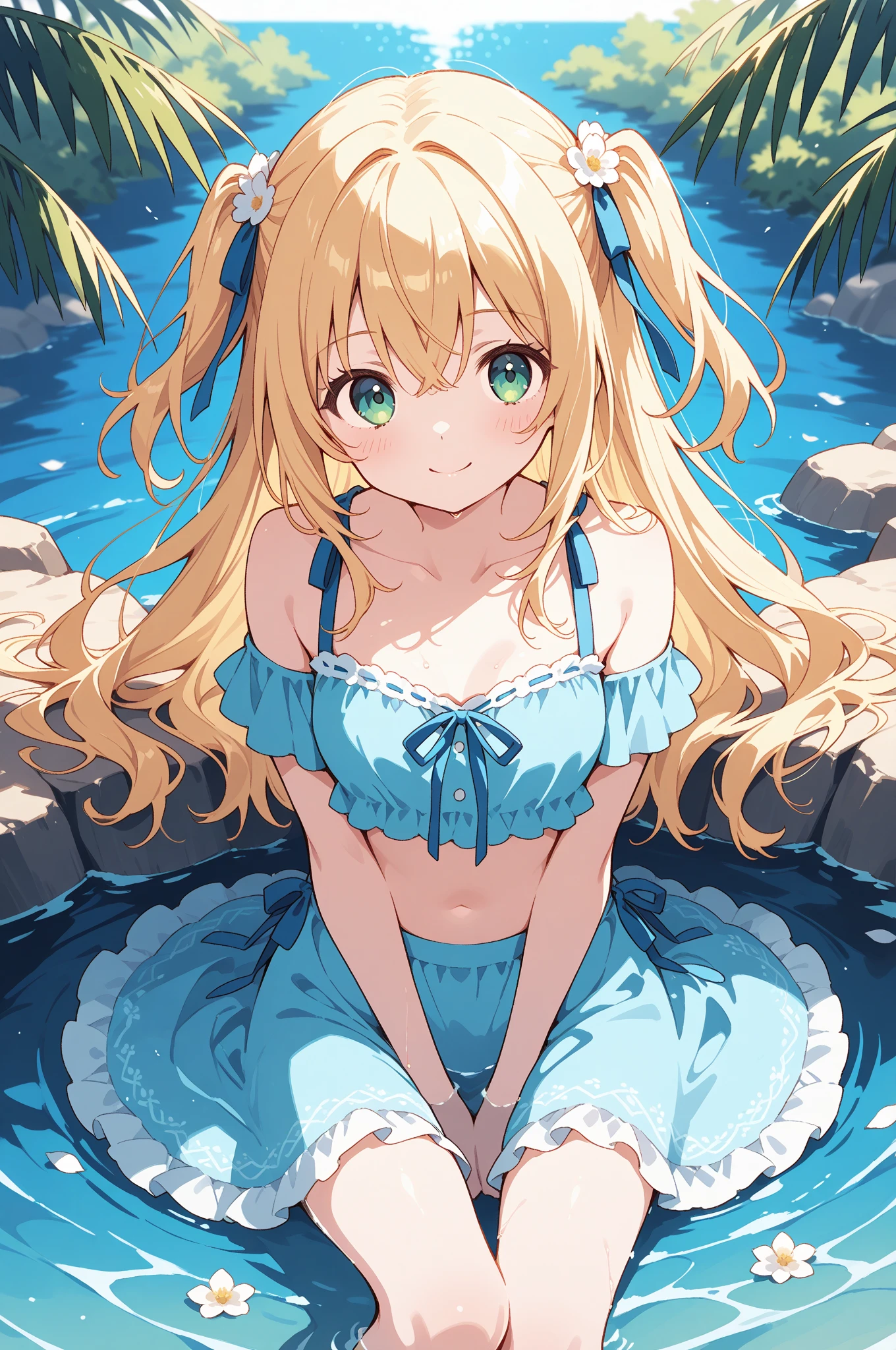 A cute girl，blonde，Wearing a blue polka dot swimsuit，After the rain，at the seaside，Next to it is the Summer Ice Drink Shop，Several coconut trees and beach chairs on the beach，evening，Blue sky and white clouds，Sunset Cold Drink，Colorful style waiting to start 