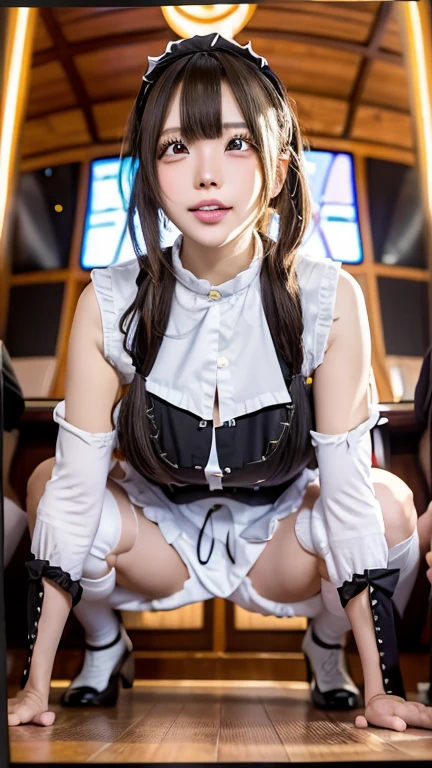 ((Highest quality)), ((masterpiece)), (detailed), (french braid blonde), (Erect penis:1.33), (Beautiful 14 year old girl:1.28), ((fingers to penis)), romantic low bun, (elbow gloves:1.2), (Gothic and lolita:1.22), sitting with knees up, spread legs, shoot from above, ((small breasts)), Are thin, (open crotch panty:1.42), Blushed:1.3, shame, Confused expression, Big earrings、Shiny skin、Thin eyebrows、tears:1.1、Inside the church、A soft light is pouring in, ((Person of worship々))