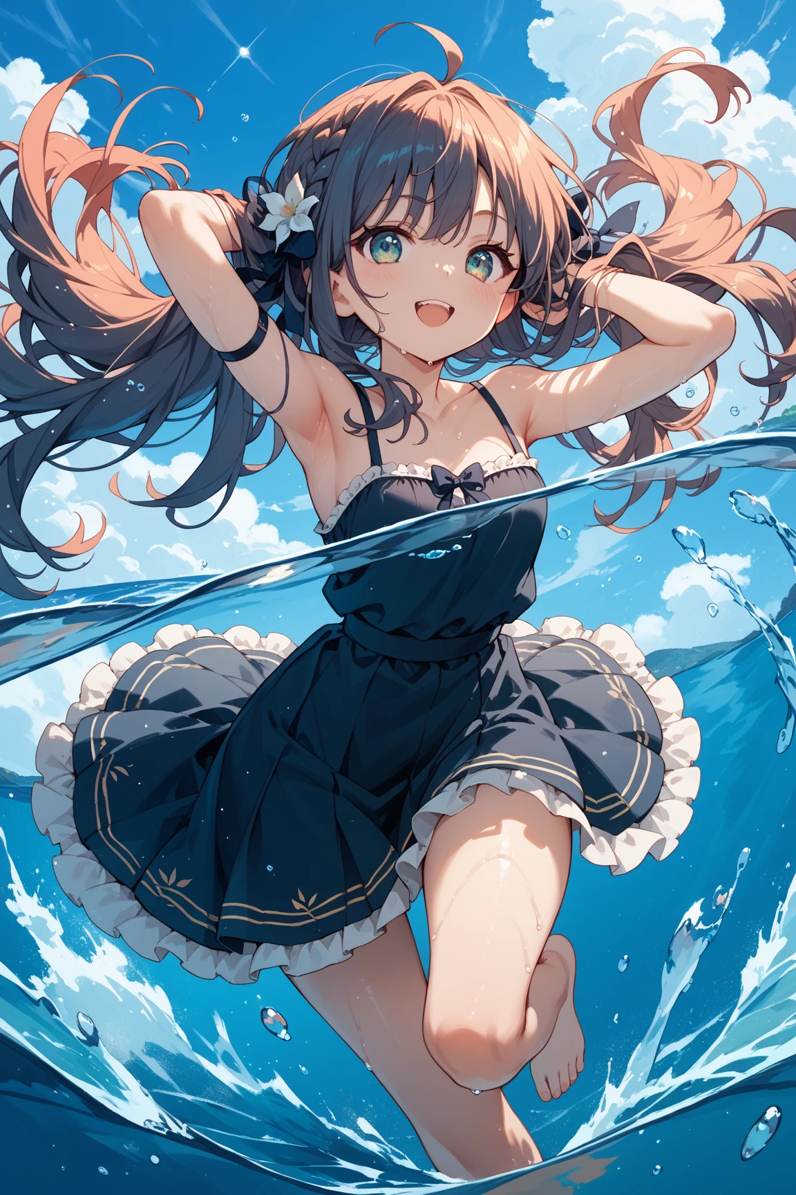 master-piece,hyper quality,hyper detailed,perfect drawing,solo, beautiful girl in a swimsuit, leaking pee(2.5),pee splash from the crotch(2.5), blush, swimming club, competitive swimsuit (one-piece type swimsuit, sober swimsuit) 10 years old, open legs (30cm), holding the crotch with both hands, water gushing from the crotch(2.5), embarrassed expression, moist eyes, swimming pool, Shot diagonally from below, thin fabric swimsuit, light from the front, forward light, sunlight, summer sky, clearface, master-piece, hyper quality, hyper detailed, perfect drawing, CG, 3D, 8k,