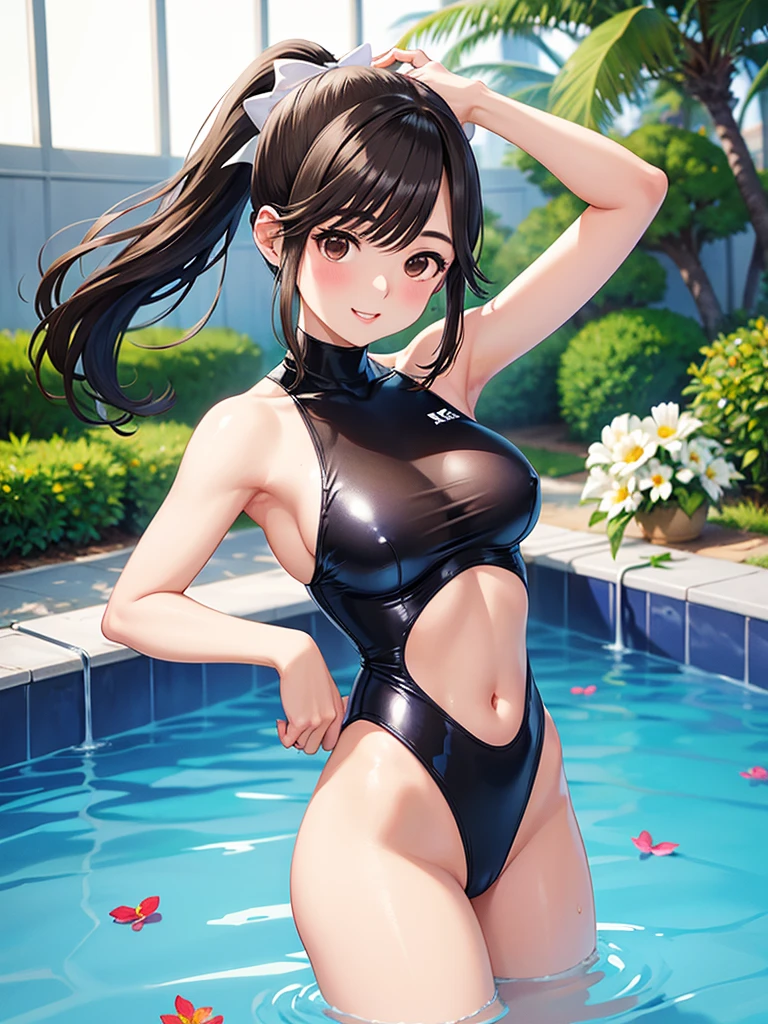 (A high resolution, masutepiece, Best Quality, High resolution:1.8), (ighly detailed, Photorealistic:1.5), (a Japanese cute girl:1.8), (Dim light), (Light on the Face:0.5), (Shapewoman:1.8), (Detailed face, detailed hairs, Detailed skin, (shiny eyes:1.5)), (Cowboy Shot:1.8), (huge-breasted), (slender), ((Squint and smile wide:1.3), (Smile:1.6), (Opened mouth:1.3)), (Looking at Viewer:1.5), (randome pose, Active Pose), (plein air, On the beach), (Shiny skin, Oiled skin, glistning skin, high gloss skin:1.8), (Glossy metallic swimsuit in dark random color, Ultra-thin smooth fabric swimsuit, competition swim suit), Oily skin, Sweaty skin