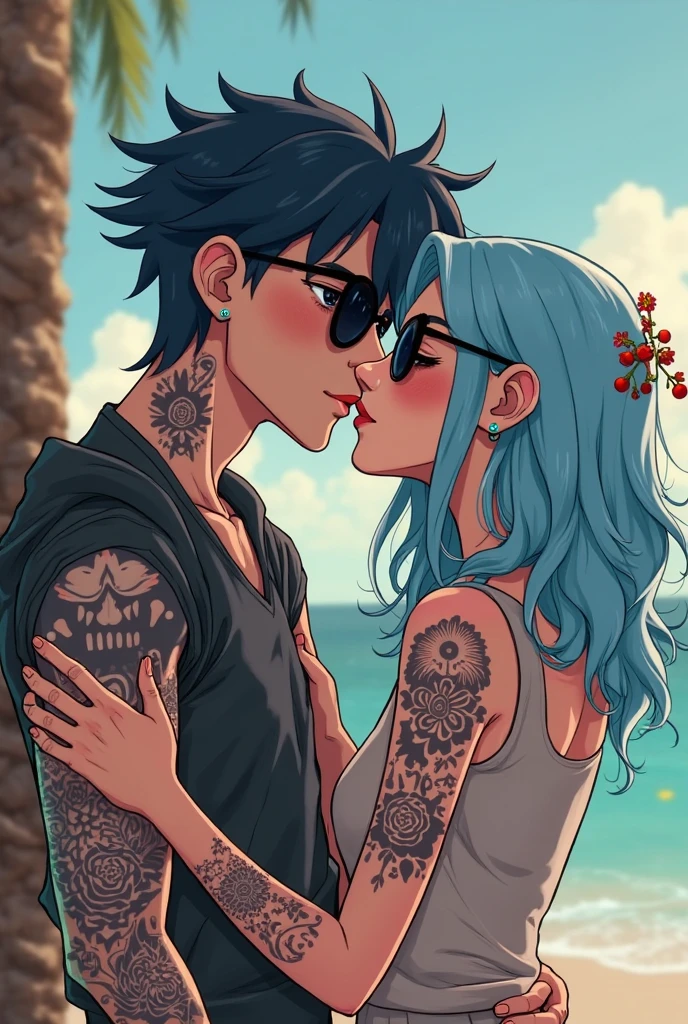 Light blue hair woman, perfect body, tattooed, in bikini, man with pants kissing her, lowering her thong to her legs
