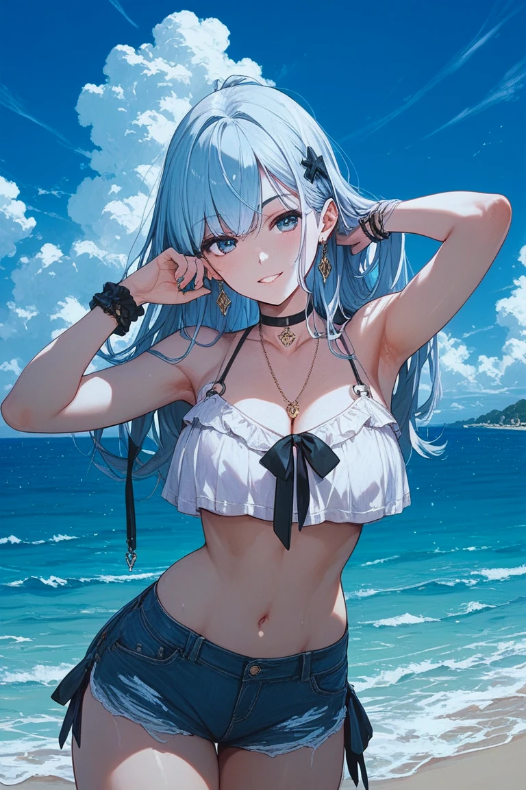 ((10-year-old girl )), blue_hair,red eyes,pale white skin,skinny,flat_chest,middle hair , 