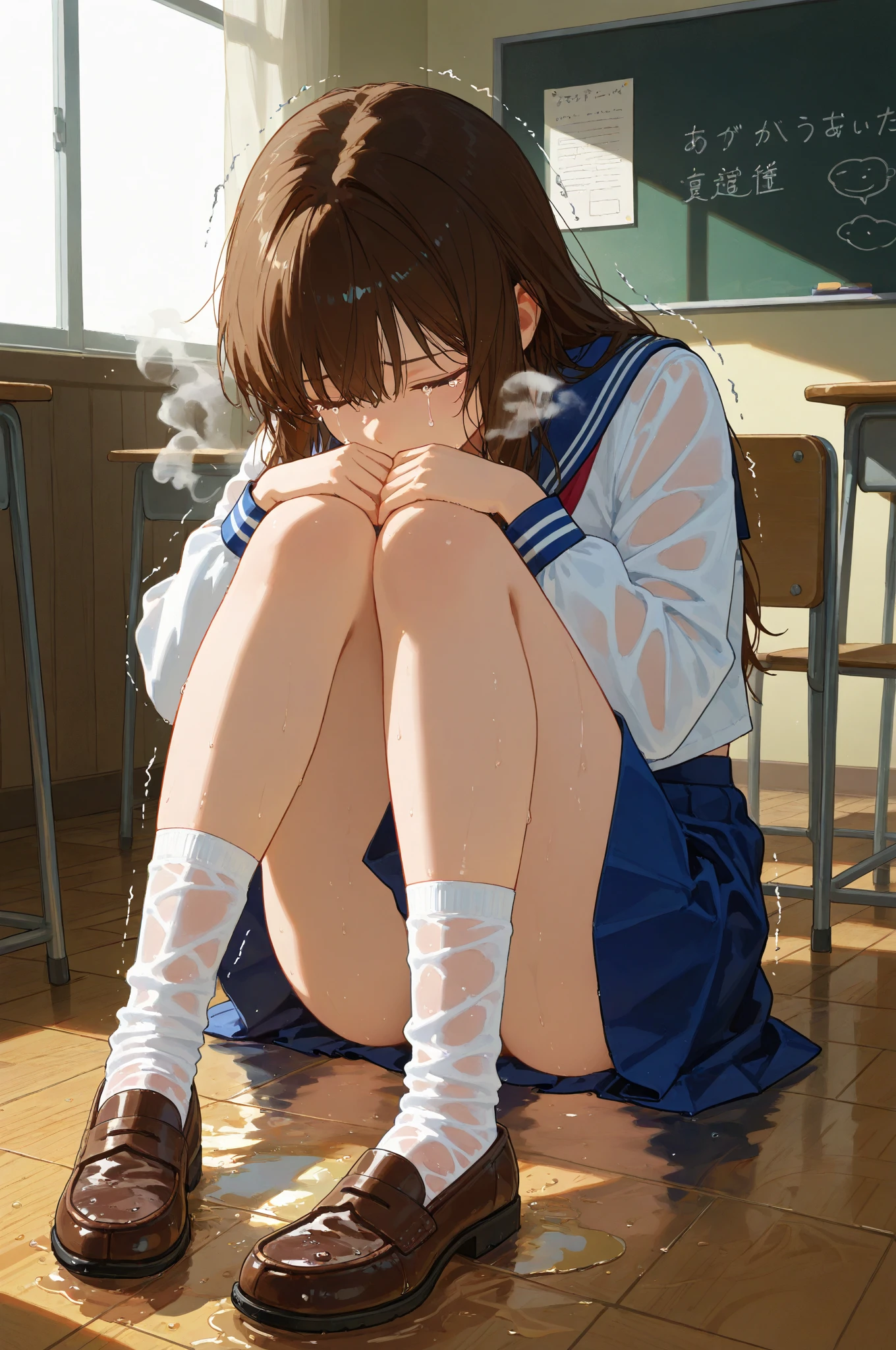 ((masterpiece,Highest quality:1.3,best quality illustration,realistic:1.3)),cowboy shot,独奏,1woman,(20-year-old、Japanese Beauty)、brown hair,long hair,center parted bangs,brown eyes,gorgeous eyes,((very small head:1.3)),tears,shy,((very long body:1.2,skinny)),medium breasts,(tan skin:1.5), (gleaming skin,toned body,slender body),sweat,(White sleeveless、navel、Yellow pleated mini skirt、Love juice)、squatting,Concert Stage、