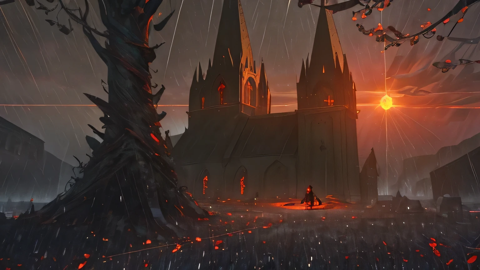 A sense of desperate oppression，A large group of troops stood in front of a building，Forward-rushing troops，There is lightning in the sky, anor londo, cathedral of the sun, Demon King City，blood red colored sky，Black ground，Cracked earth，the night，The sky is red by fire，Fiery hell，A flame in a combustion，Remains Cliff，Fantasy art Behance, epic castle with tall spires, Epic fantasy digital art style, Epic fantasy art style, Symmetrical epic fantasy art, andreas rocha style, epic fantasy illustration, 4K fantasy art, Epic fantasy style art