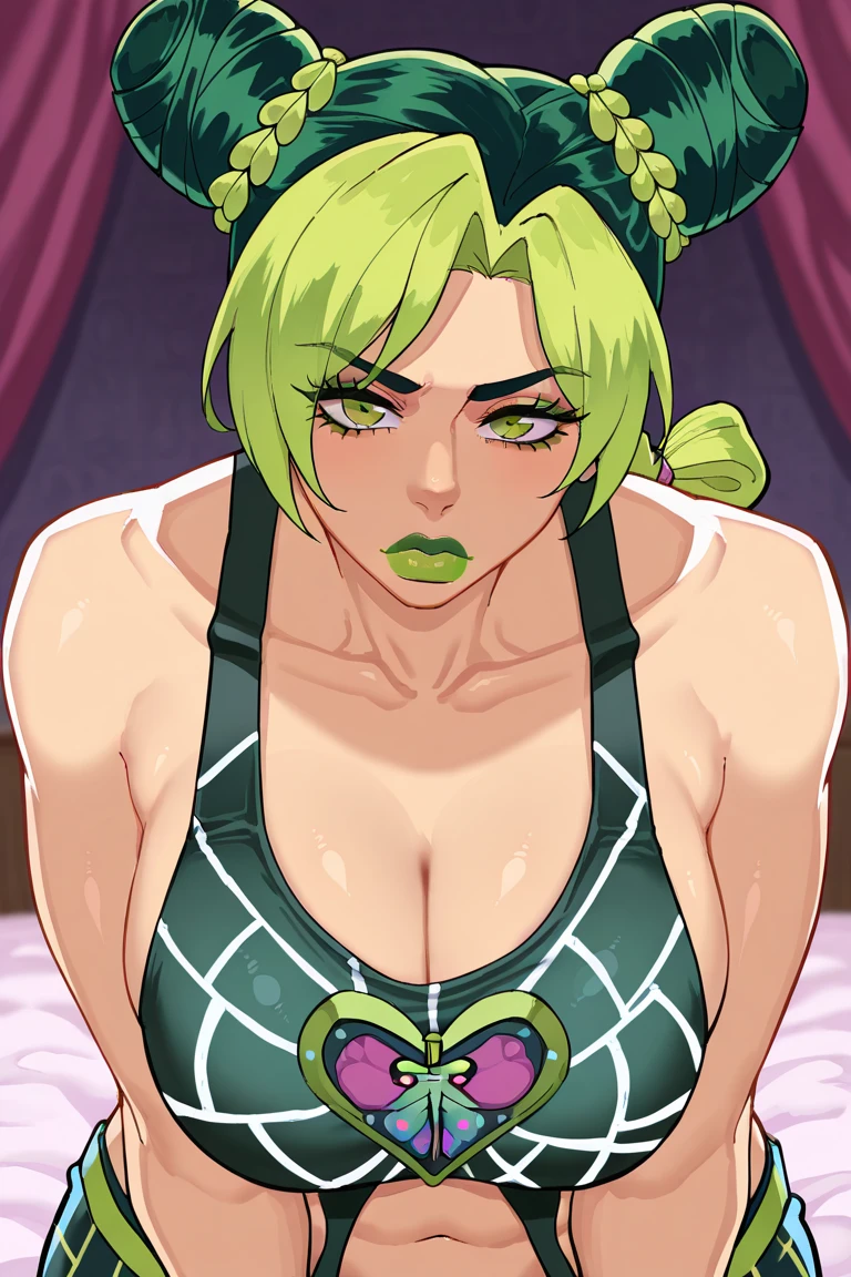 jolyne, big breasts
(((shiny hair, shiny skin))), (green lips) ((breasts nude))