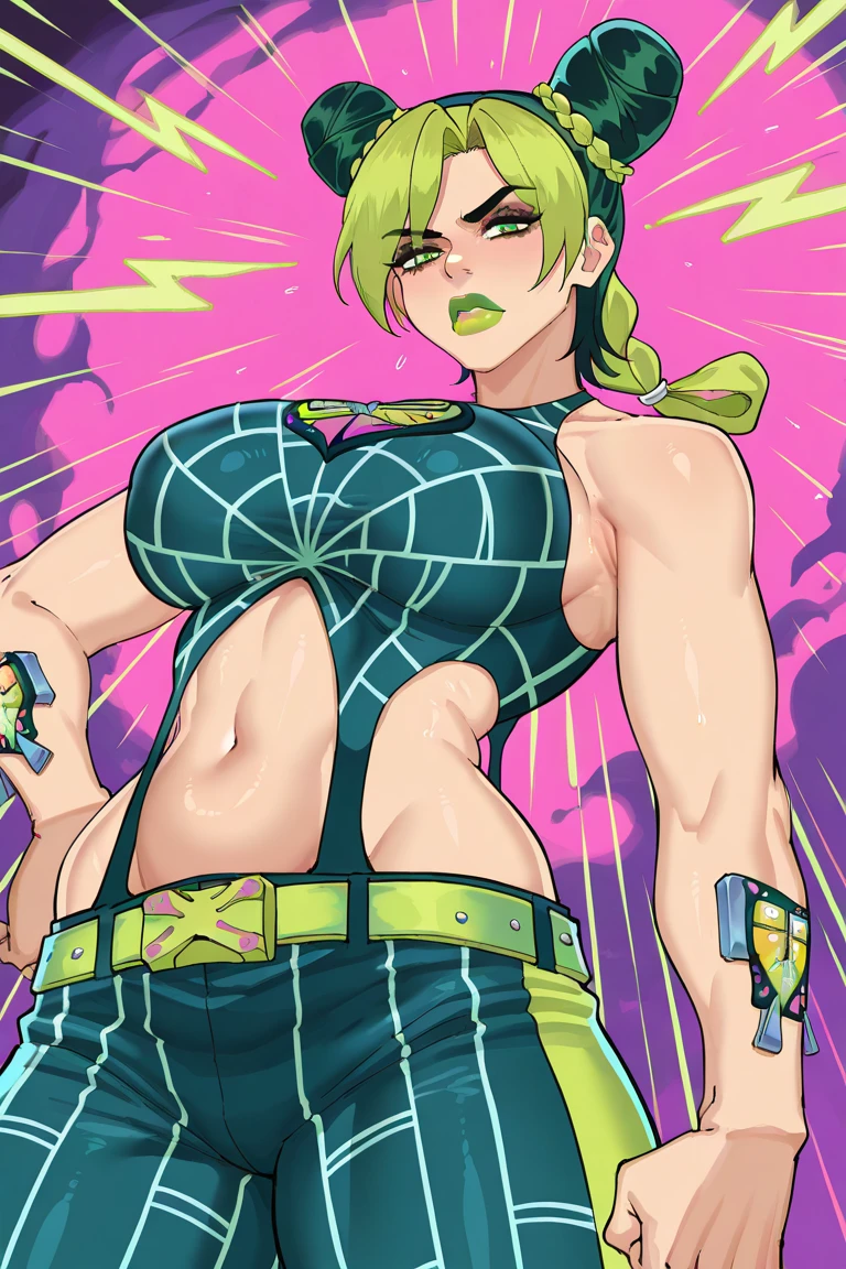 25 year old girl manga style ,delgada con cabello corto color  estilo bob color amarillo,ojos verdes oscuros, con mirada linda  y sonrisa  con busto estilo nanatsu no taizai,with anime style clothes,with top and crimson red chameleon tattoo on the abdomen 