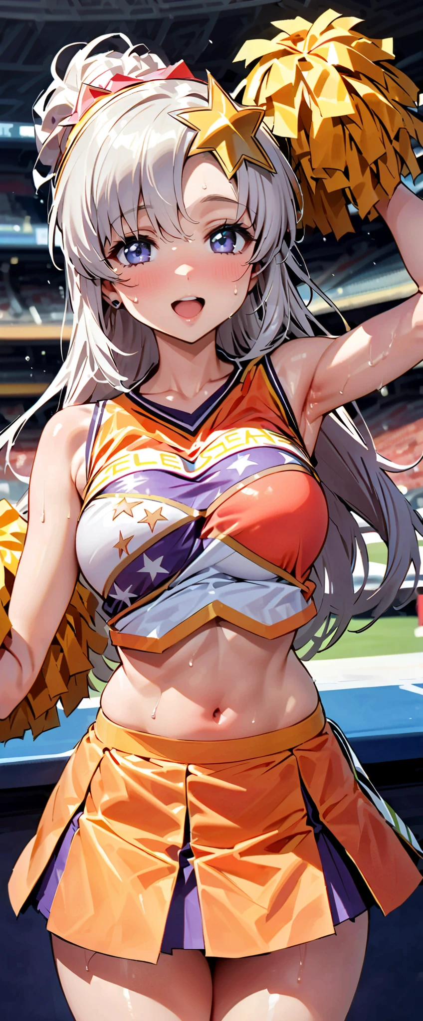 (masterpiece,top quality,Ultra High Resolution),1 Japanese woman, (((Very Beautiful Old Lady ))), cute girl、WATCH THE PHOTOGRAPHER、 (()), very cute face, Shiny Lips, double eyelids on both eyes ,natural smile、 natural makeup, long eyelashes, shiny hair、, Perfect hands and feet, perfect anatomy,((( Sparkling Cheering Uniform ,Cheerleader,Cheerleader,Tube Top,miniskirt))))Stadium, Meer Campbell,the appeal of a sweaty,(((Tube Top)))((((please open your mouth,))))