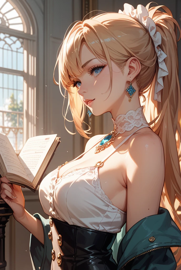 (masterpiece, best quality, high resolution, high quality, super fine illustration, ultra detailed illustration:1.5), detailed skin, detailed face, detailed eyes, detailed background, Reyvateil, alone, She is nestled among many books, (long shot:1.2),