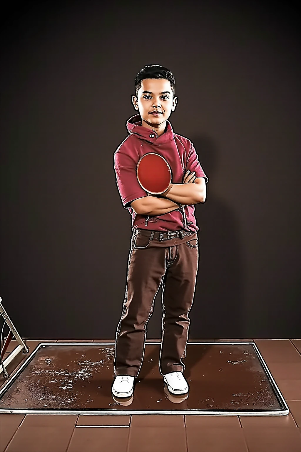 A boy in a pink shirt is sitting on a stool in a room with a red bullseye on the wall.