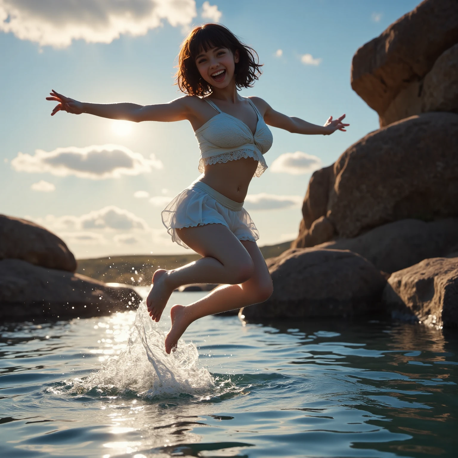 (8K TopQuality masterpiece: 1.2)(Realistic ProfessionalPhoto:1.37), VolumetricLighting. Tiny Girls, (((girl jumping into the water)))、Falling、splash water、shout、Luminous water surface、White and Bright colors, back lighting, Radiant PearlSkin with Transparency, sparkling highlights, Detailed KAWAII face with cute lips, long eyelashes, (White Skinny) Delicate lace clothes, Detailed open crotch, MotionBlur (Joyful Expressions LifeLike Rendering) {BabyFace|ThighGap|Dazzling RainbowColor Horizon}, {HiddenHands|Corrected BabyLikeHand} (Exposed:-0.6)