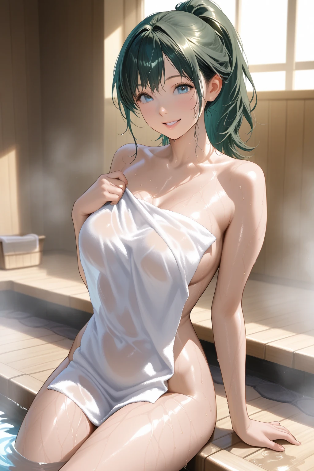 masterpiece, high resolution, beautiful woman, Korean Beauty, 20 years old, British green bikini, beautiful woman, shower room, standing and looking at me, high resolution face, (high resolution eyes), big tits, white skin, taking a shower, ass job