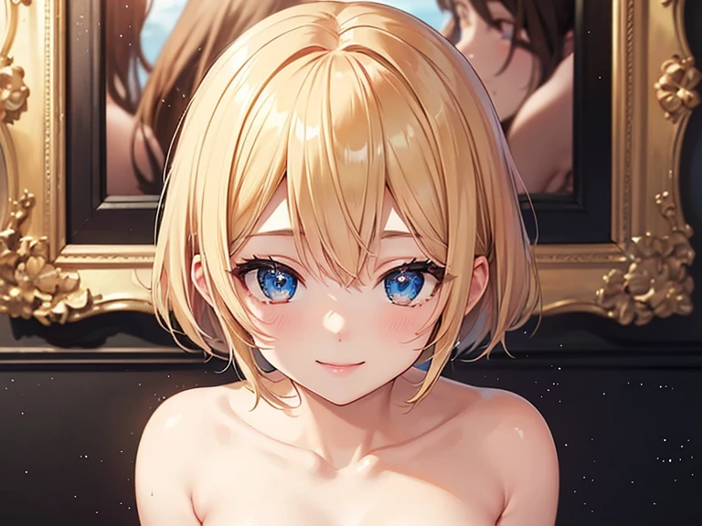 (NSFW:1.5), (1 completely nude girl:1.5), Masterpiece, Best quality, amazing beauty, [[3D]], 4K, absurdres, finely detail, super detailed eye, perfect anatomy, official art, cinematic lighting, BREAK, bedroom, silky bob cut, blonde, super shiny detailed blue eyes, Looking at Viewer(camera), Looks like fun, BREAK , usually, , BREAK ,()