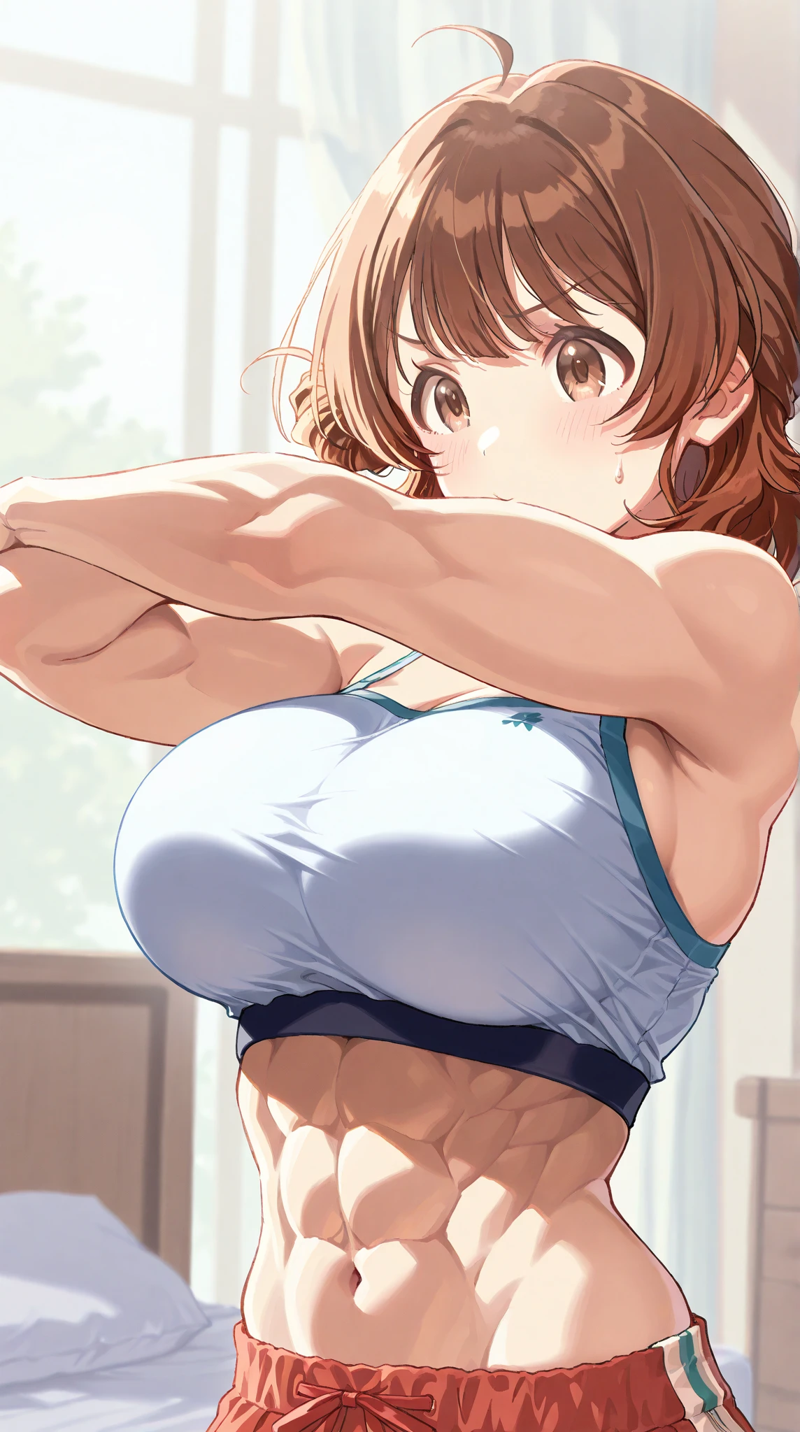 (curvy), Toned, Highest quality, Super detailed, masterpiece, Ultra-high resolution, 8K, Ridiculous, Cowboy Shooting, Blurred, Focus on the girl, Embarrassing, blush, Lovely, Open your mouth, What saliva leaves behind, (white tanktop), (micro mini skirt), Wet skirt hem, (Sticky panties:1.1), (cleavage), (cleavage), Classroom Background, The skirt is accidentally exposed,[1girl, Yukino Bijin \(umamusume\), umamusume], (big breasts), (crop top navel), (waist line), Accidentally exposed panties
