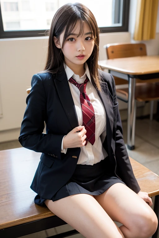 highest quality、High resolution、very detailed、masterpiece、Raw photo、realistic、photorealistic、very delicate and beautiful.、delicate details、rough skin、1 girl、alone、I、18 year old Japanese girl、in a high school uniform、classroom、(body facing the camera:1.3)、(Sit on a school chair with your legs spread out to the side.:1.2)、(Show me your white panties:1.2)、dark blue jacket and plaid skirt、white shirt、tie、(The black loafer face is really beautiful.:1.5)、expensive、brown hair、(barefoot:1.1)、perfect proportions、(Do not expose your upper body)、(in sfw)