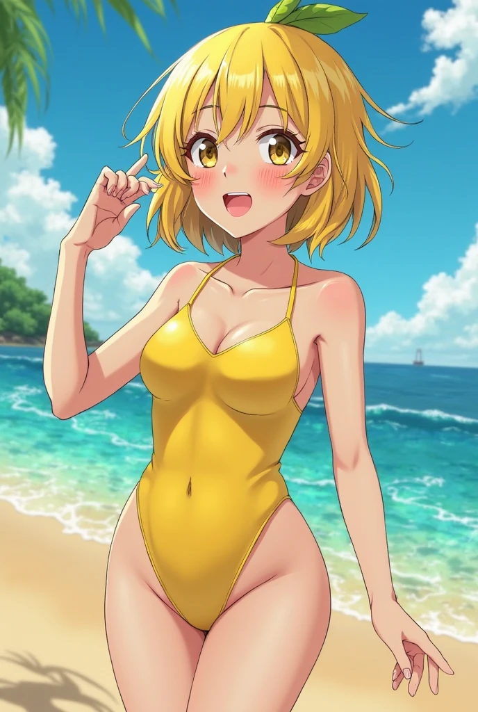 (obra maestra, mejor calidad, high resolusion: 1.4), cuerpo completo, 1girl, ojos verdes, Highneck swimsuit , Al aire libre , Playa,(sonrisa, feliz, rubor de cara completa: 1)