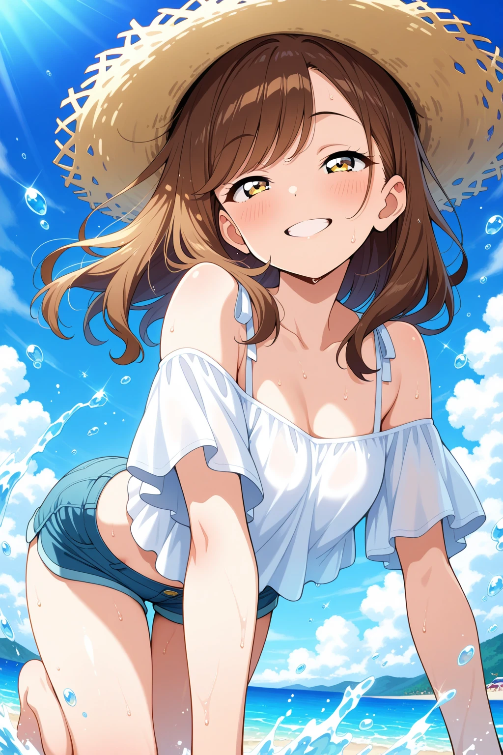 (Top quality illustrations:1.2), (1 girl、17 years old、Top quality illustrations:1.2), (1 girl、smile、Small breasts、Highly detailed eyes:1.2)、Dark brown hair、short hair、Wavy Hair、Curly Hair、Low twin tails、Short pigtails、Summer fashion、from below