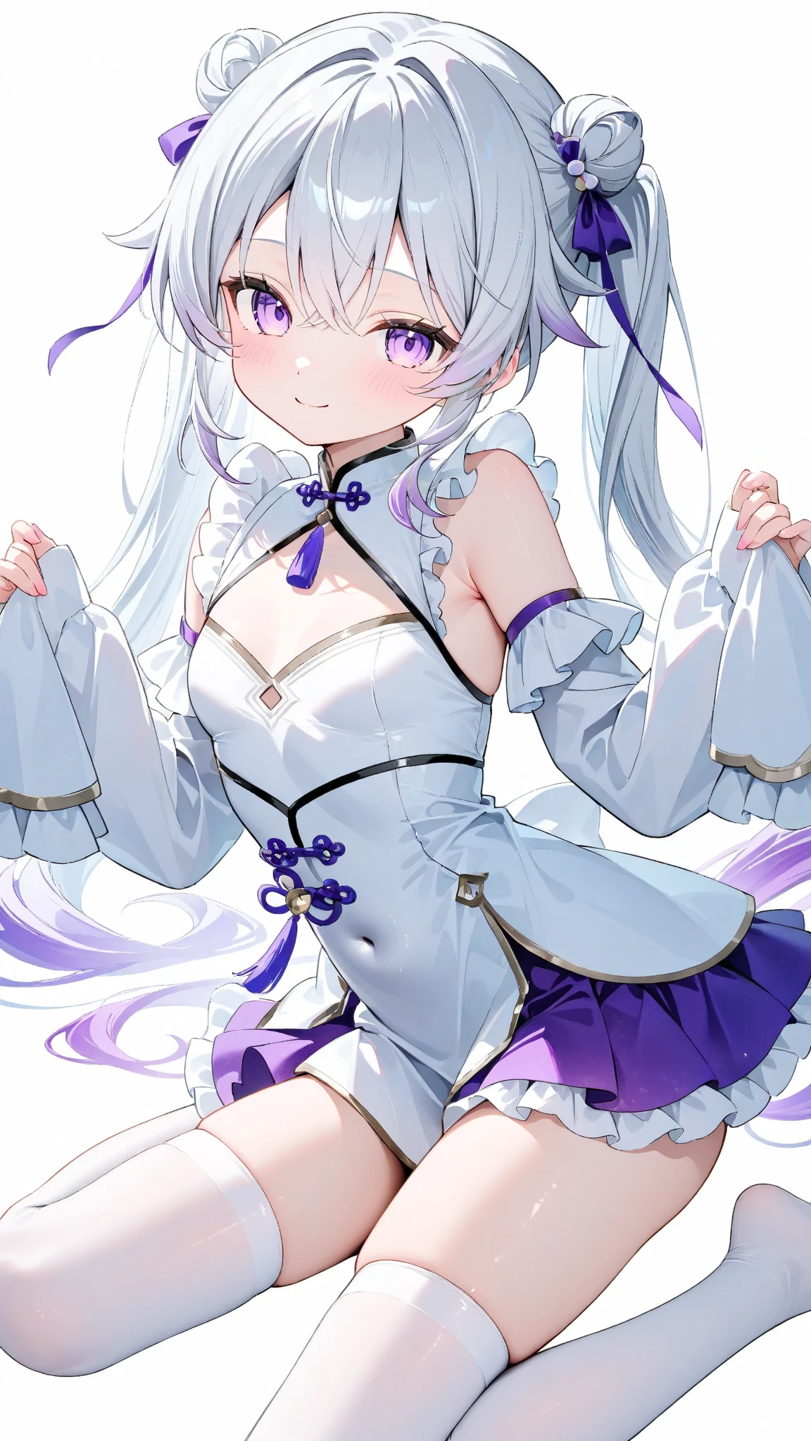1girl, anime, cute girl, blank background, white background, fantasy, detailed fantasy dress with highlights, beautiful face, beautiful eyes, dark colors, black hair with multicolor streaks, red eye with different color pupil in eye, multicolor eye, medium breasts, slight cleavage, beautiful skin, cute, breast curtains, extremely delicate and beautiful, (beautiful detailed face:1.0), (detailed deep eyes), symmetrical breasts, deep eyes, shiny skin, portrait, slender waist, hips wider than shoulders, thighs, expressionless, young girl, luminous eyes, adorable，（Kpop idol）,（aegyo sal：1），（Platinum blonde hair：1），（（puffy eye）），Black panty，sexy posture，Superskirt, Ultra-high resolution，Black collar，slim figure, Abdominal y tattoo, womb tattoo，Tight-fitting leg ring，y tattoo on half-body，Bare skin, Armored hand，Hidden fingertips，Hand covered，Arm covered，Fist covered,{{beautiful detailed fingers}}, tufts of hair, moderate beautiful breast:1.0,(masterpiece:1.2), best quality, high-res, HDR, perfect face, intricate armor, delicate blue filigree, intricate filigree, red metalic parts, detailed part, dynamic pose, dynamic lights, cute face, neutral expression, shuimobysim, lotus, Hanfu, maxi skirt, dress conservatively 1girl, solo, long blue hair, standing, One lady,14years,((White hair) ,(Shiny purple bodysuit with microskirt),((Fantasy, Moon Night)), gradient_eyes,