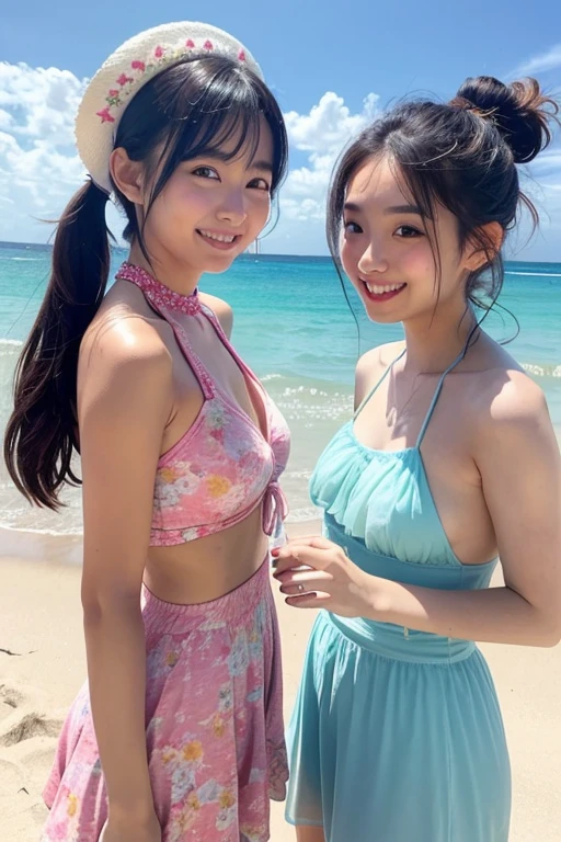 (A selfie photo of two Japanese girls), 25-years-old, (Standing closely), (At the beach), (Both smiling), (Both looking at the viewer), best quality, masterpiece, (Wearing pale-purple sheer lace swimsuit and stockings), (choker), (((Double eyelids))), Bangs down, earrings, (((Big beady eyes)))