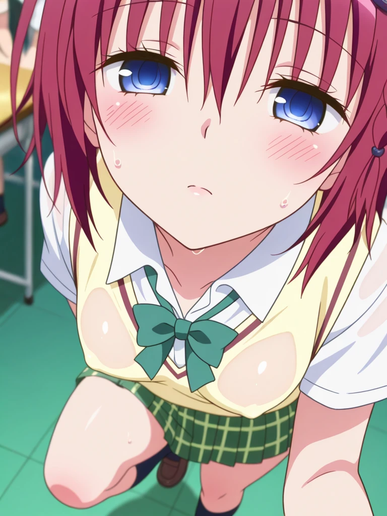 masterpiece,best quality, 1girl, kita ikuyo, bocchi the rock!,nsfw,(school uniform:1.1),classroom,(fellatio gesture:1.2),bukkake,looking at viewer,cleavage cutout,medium breasts,beautiful nipples,cum everywhere,anime keyvisual,sitting,side view