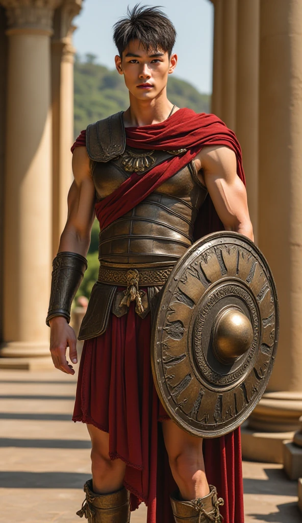 ((masterpiece)),((best quality)),8k, high detailed, ultra-detailed, Stylish Pose, real skin texture, dark cinematic lighting, full body shot, 35 mm lens, (masculine:1.6), 26-year-old Italian male model, handsome Roman, he is the god of war, he is Ares, Mars, evil-looking, strong look, light blue eyes, strong jawline, (dressed as a gladiator:1.2), (ancient gladiator:1.5), male gladiator skirt, shaved face, short wavy hair, dark brown, , top , smoke, fire, open field, battle, background, blood on his , , smooth skin, flawless skin, high detail, destroyed ancient Rome, (ancient army in the background:1.3), dark cloudy night,,,,,Depth of field