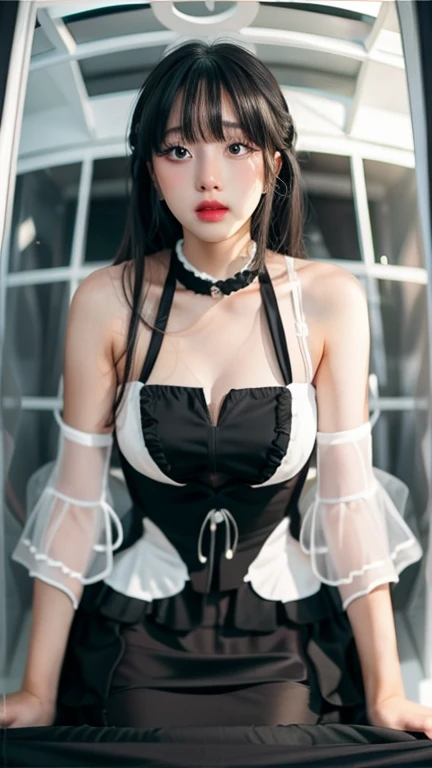 (((forehead、Northern Europe、White people、beautiful girl、Black Hair、White background、sexy、Big Breasts、Frills、Off-the-shoulder strap dress)))、table top, highest quality, figure, super detailed, finely, High resolution, 8k wallpaper, Perfect dynamic composition, detailed and beautiful eyes, Deco out,bionde, breasts, Natural color lip,white background, random cute poses,