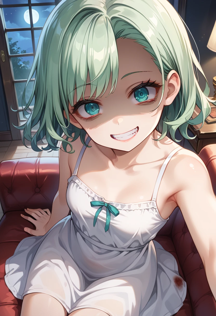 Top quality, (Masterpiece: 1.2), Very detailed, Own room, 1 girl, Solo, (muse), smile, watch the viewer, gray hair, circle of angels, short hair, hair ornament, green eyes, light in the eyes, white underwear, in the middle of dressing, realistic, from the knees up, glowing skin, fair skin, (medium breasts) ultra-realistic, realistic, photorealistic, portrait, blur,