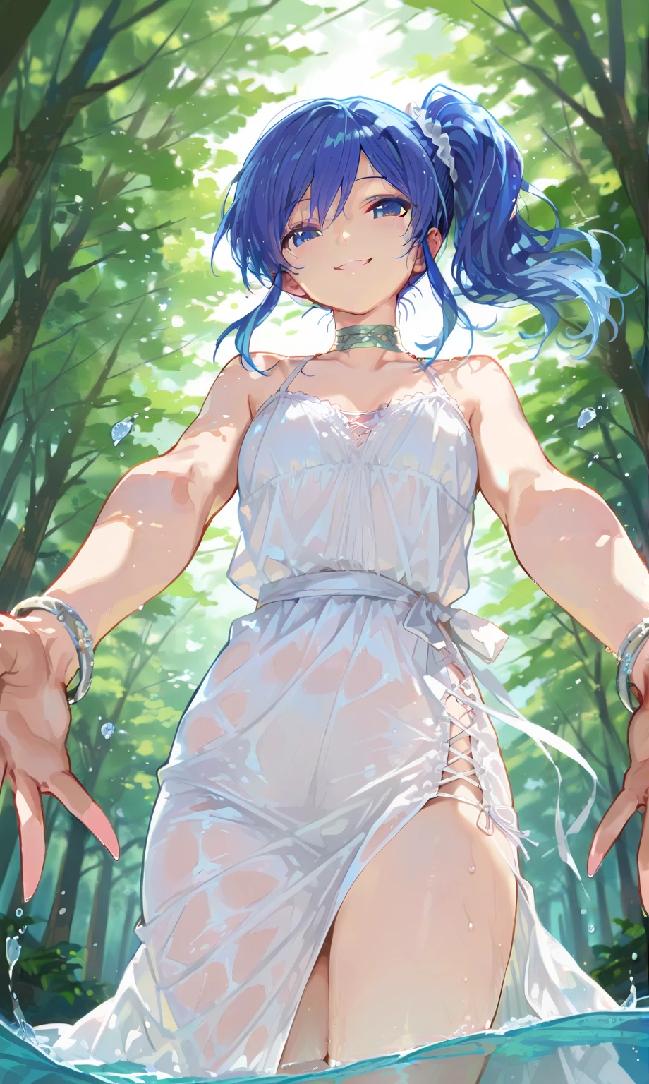 blue_hair, long_hair, bangs, horns, purple_eyes, ahoge,,1girl,solo,short hair, off shoulder, collar bone, look at viewer, perfect fingers, armpit peek, Beautiful flowers bloom, (sparkles), (There is a blooming sakura),standing under a tree, (head looking up), Look at the tree, Natural soft light, macaron, Still ethereal, Crisp and smooth lines, radiant morning light, soft luminescent glow, camisole, mouth open, fangs