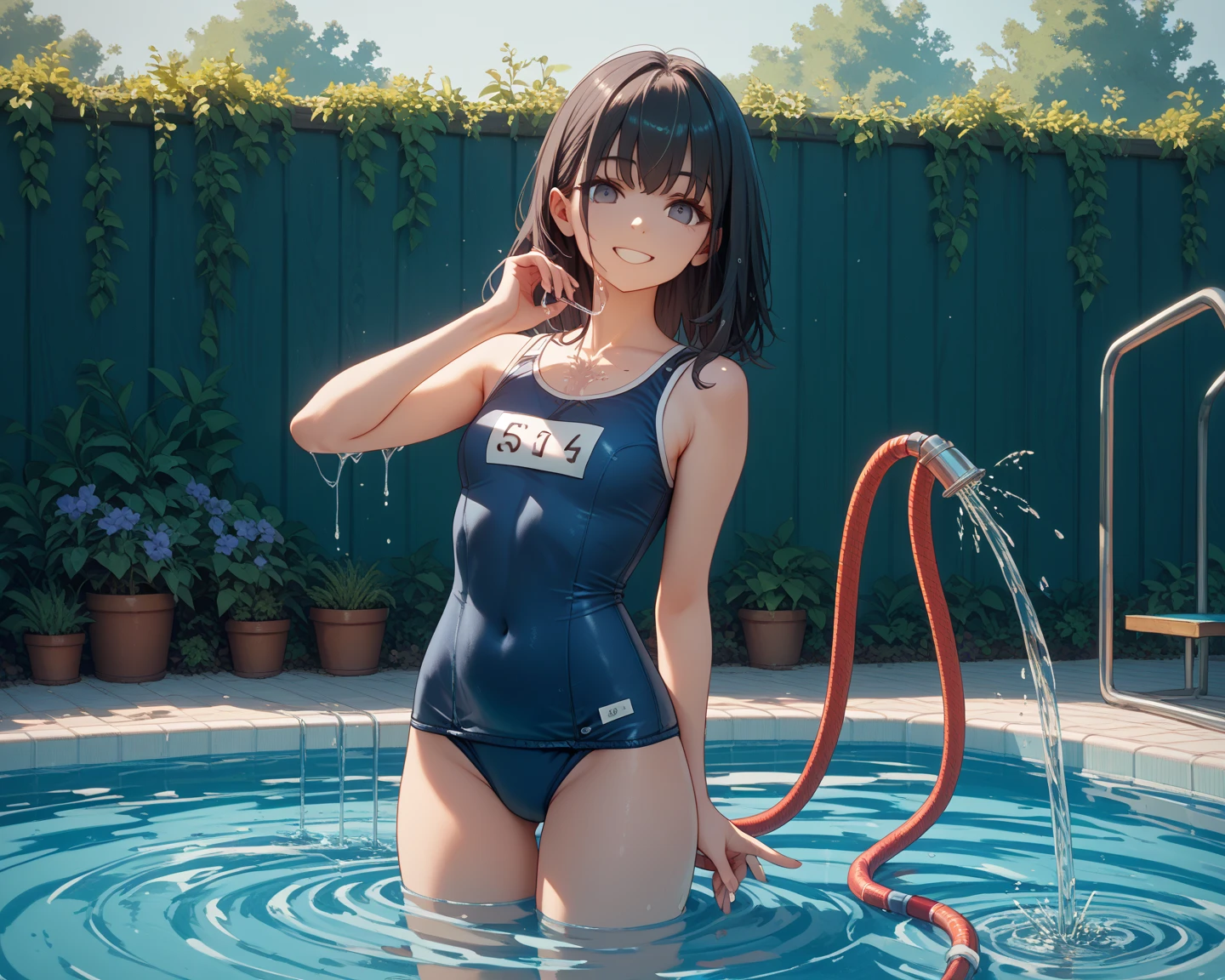 masutepiece, Best Quality, hyper detailed illustration,beautiful artwork,(Extreme Detail CG Unity 8K wallpaper、masterpiece、top-quality)、(exquisite lighting and shadow、highly dramatic picture、cinematic lens effects)、High school student in school swimsuit standing in seawater、Some were wearing dark blue school swimsuits, (1girl in), Swimsuit, Solo, (dark blue school swimsuit:1.3), onepiece swimsuit, Gray eyes, Covered navel, Black hair, Looking at Viewer, Water, breasts, Barefoot, Outdoors, Black short hair, 鎖骨, wet swimsuit,Closed mouth, (School swim wear), day, Bare shoulders, Small breasts, Bangs, shiny, Bare arms,(Wet:1.2),(Water splash:1.2), light glow,straggling hair,Shiny hair,Lens Flare,(open stance),Arms up,(arm pits),(Evil smile),(Tsurime),