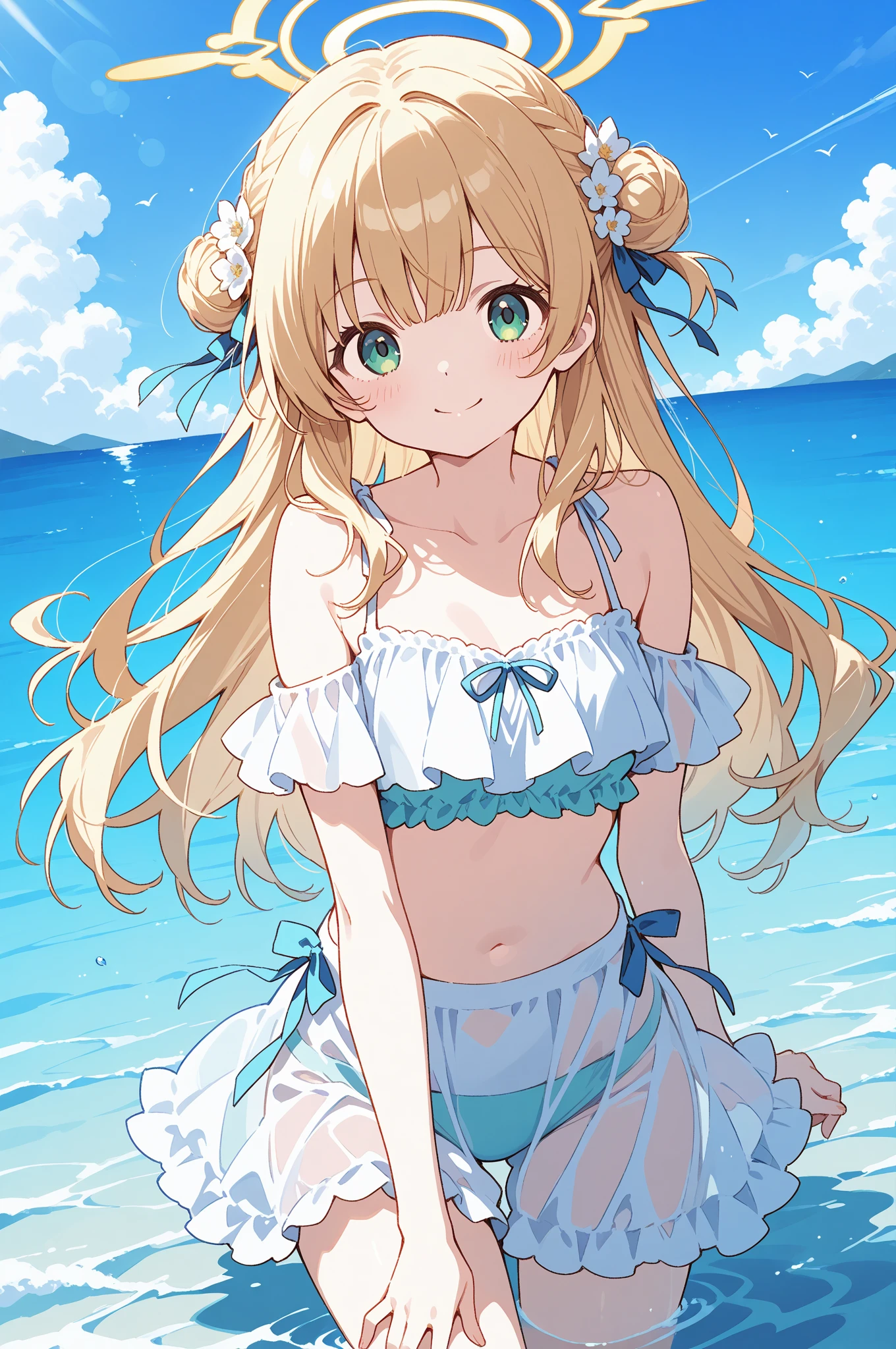 fairy_tail_style, solo, 1 girl, (young female body:1.4), (medium small breasts), golden yellow hair, extra long hair, blunt bangs, crystal blue eyes, very detailed eyes, cowboy shot, detailed eyes, beach house, sand, swimdress, white one piece bathing suit, white swimsuit with ruffles, misa hairstyle, misa hairstyle