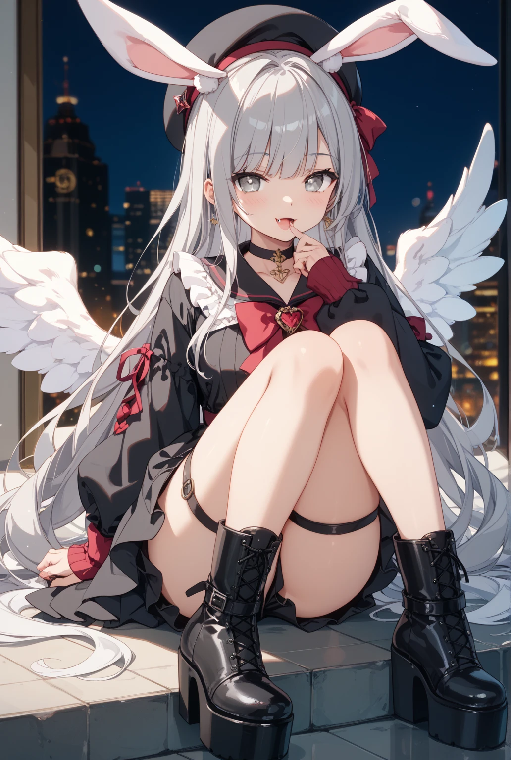 (full body, pov angel swimsuit style), (solo:2, 16 yo, hime-cut silver hair long hair cool beauty girl, sexy red eyes, smile, medium:1.2 tits, glossy lip), (in a butler suit), break, in the Swimsuit contest venue, BREAK, perfect anatomy, masterpiece, best quality, 16k, beautiful detailed love, sexy, daydreaming expression.