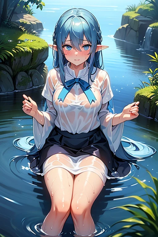 ganyu_\(genshin_impact\), hiten kei style, claude monet, oil painting, horns, masterpiece, hyper realistic, realistic skin, best quality, 1girl, lakeside, medium breasts, huge nipples, erect nipples, topless, full body, vector illustration, nipples, light smile, open mouth, bangs, long hair, stomach, navel, bare shoulders, light blue hair, wet, soaked, raining, sarong, loincloth, black pantyhose, magnolia leaves, autumn, sky, hands up, arched back, stretching, open mouth, bored, waterfalls, cliffs, falling leaves, resting, holding a wooden pail, wet body, pouring rain, washing her body, taking bath, arched back, white flowers, eating honey, honey poured on body, body drenched in honey, long tongue, sticky, tongue out, 1 hand on mouth, feeding frenzy, saliva string, honey drops on breasts