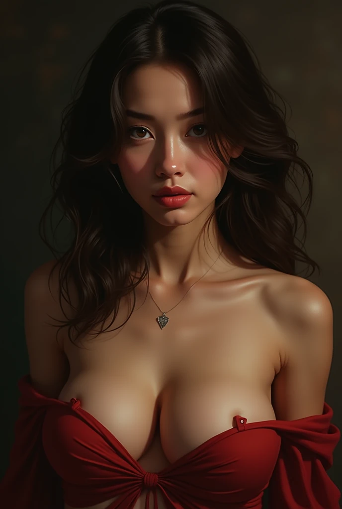Beautiful sensual and erotic naked topless Greek tomb raider with thick thighs and a curvy body, wearing black tomb raider panty, large earrings, tied overhead by cuffs, touched by a man beside her, ((topless)), ((soft body))