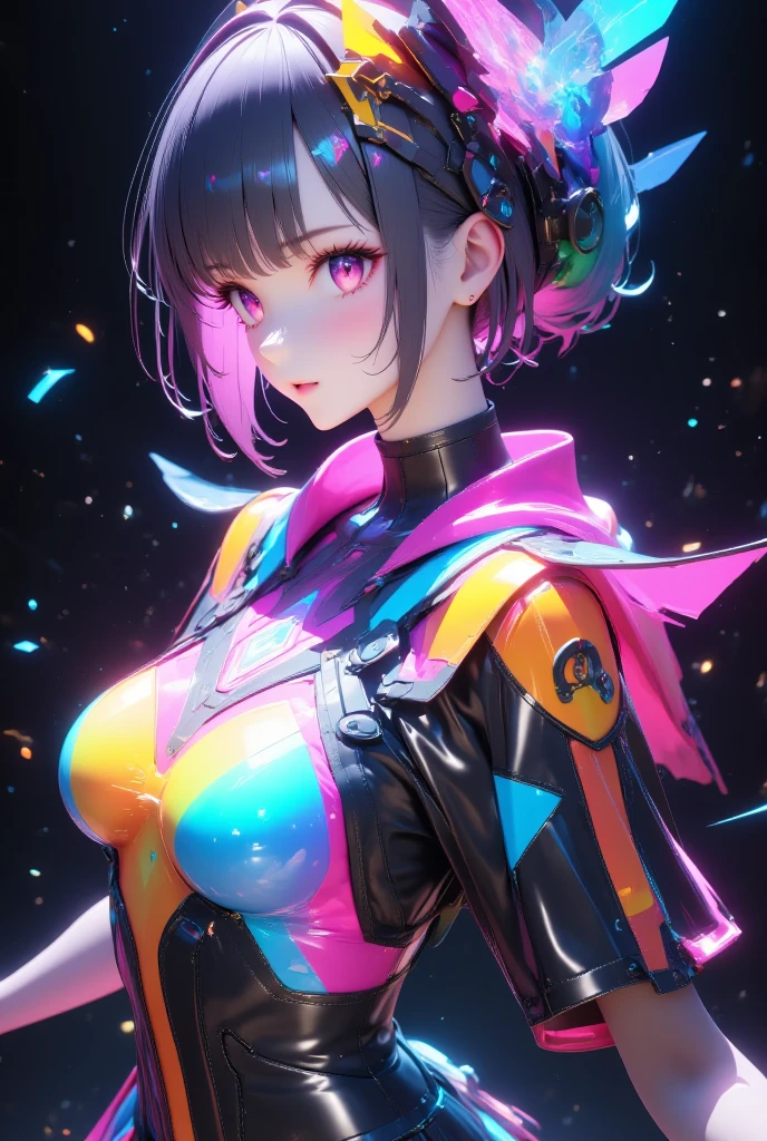 {{masterpiece}}, best quality, extremely detailed CG unity 8k wallpaper, cinematic lighting, lens flare, beautiful detail eyes, black, side glance, multicolor short white hair, colorful light, particles, heterochromia, (colorful:1.5), (colorful hair:1.5), futuristic bikini, beach view, nipple slip, little breast,