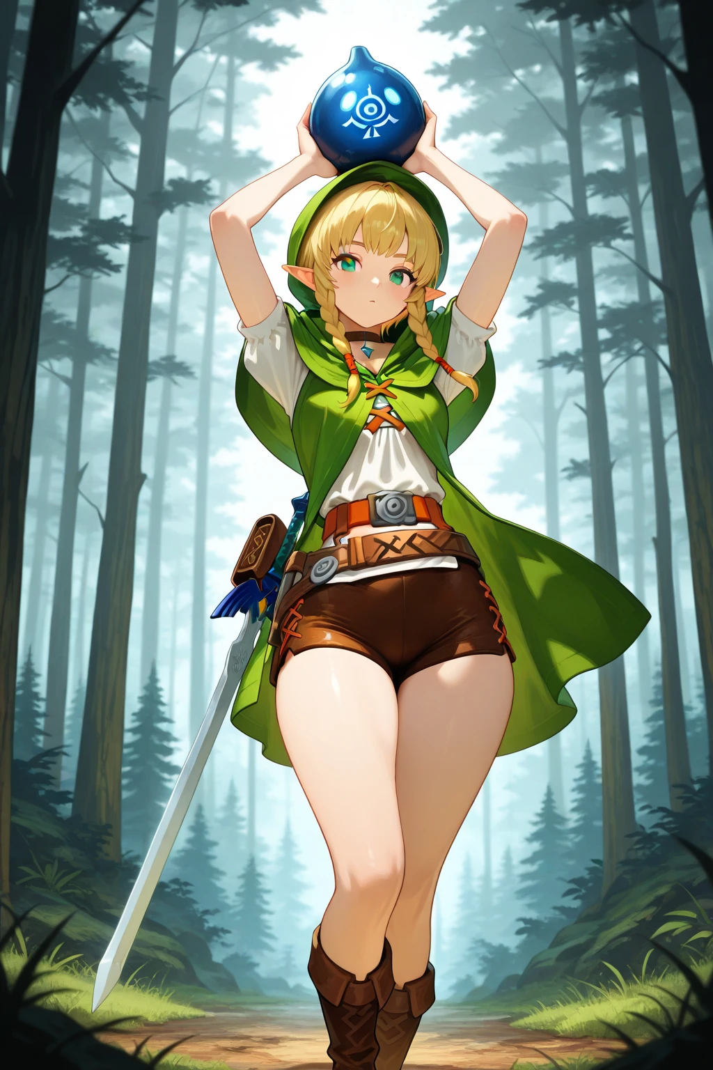 masterpiece, best_quality, 1girl, solo, linkle, nintendo, the legend of zelda, braid, twin braids, choker