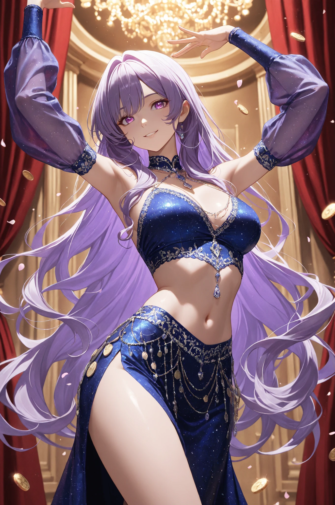 high quality, ultra detailed, best quality, insanely detailed, beautiful, masterpiece, 1girl, belly dancer, bar, cowboy shot, red eyes, long hair, light purple hair, harem outfit, bikini, pelvic curtain, purple costume, bare legs, hair ornament, earrings, armlet, bracelet, bashful smile, dancing, large breasts, cleavage, soft stomach