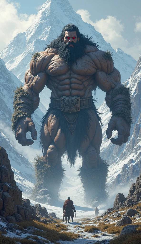 Giant prehistoric human in a snowy valley with mountains