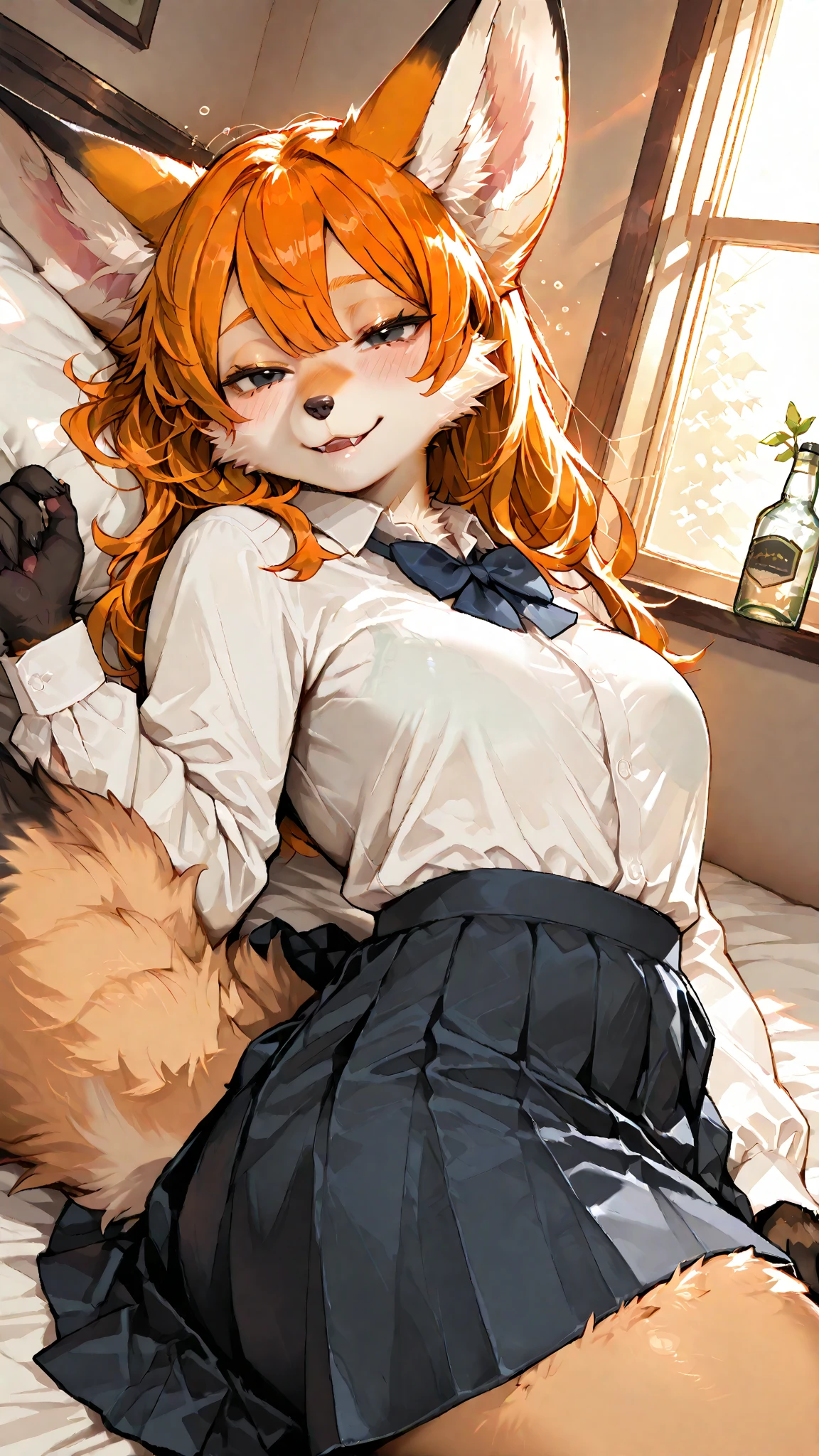 score_9, score_8_up, score_7_up, score_6_up, score_5_up, score_4_upsource_furry, a female anthro fluffy, rating_safe, 1girl, solo, female, furry, anthro, fluffy tail, small breasts, tiger, striped fur, yellow eyes, anthro, tkflora, looking at viewer, bird-eye view, on bed, (school uniform, black stockings:1.2), skirt lift, shy, blush, smile, lewd expression, pink panties