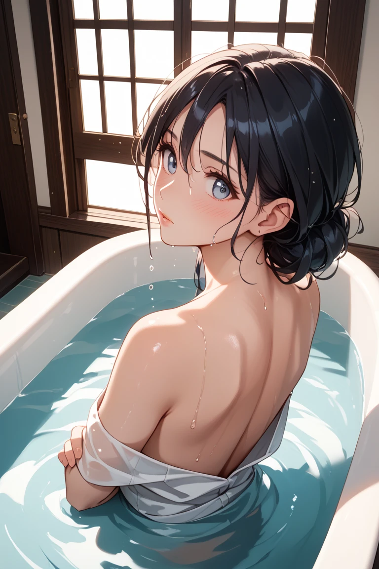 score_9, score_8_up, score_7_up, source_anime, best quality, masterpiece, official art, absurdres, highres, ultra-detailed,waifu2x,Collection: Slice of Life,break,1boy, 1girl, tomboy, dark-skinned female, short hair, low ponytail, flat chest, nipples, beautiful detailed eyes, nude, hug from behind,bathing, wet, open mouth, (yawn:0.3), sleepily, steam, water, water drop, bathroom, indoors, break,(clear line illustration:1.2), super detailed skin,very high resolution, very aesthetic, Best sexual lighting powered by famous artist, 8k,cute picture,beauty illustration,photoshop_(medium),,(Detailed Lighting),uncensored,