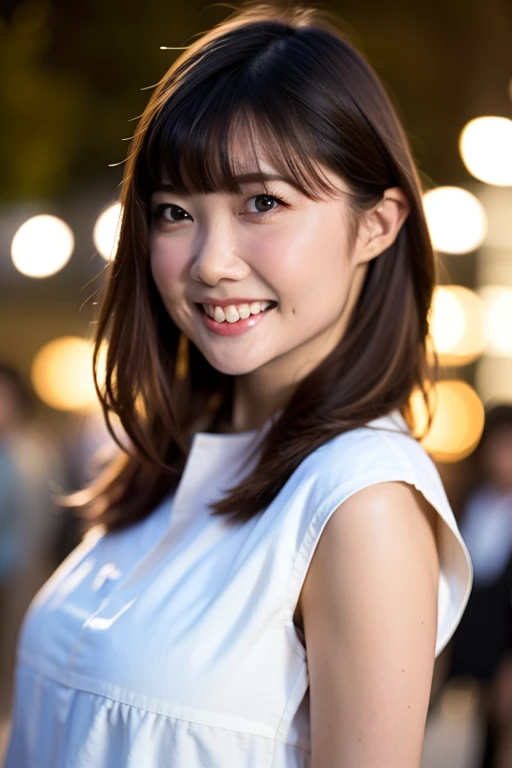 NSFW:1.5,((highest quality、8K resolution、master masterpiece、portrait:1.3)), Photoreal, 35mm film, 1 Japanese female, Upper body,on the street during the day, wrinkles around the eyes, plump body,smile,((naughty bra_panties:1.3)) , (outdoor:city street 1.3), jumbled background,look at the audience,Tokyo cityscape:1.3,smile、blush