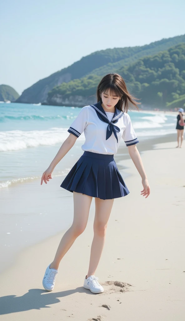 1girl,(((Frontal bust shot angle))),Wide open chest、(((Okinawa ocean)))、(((White sand beaches in Okinawa)))、8k UHD、Digital single-lens reflex camera、High resolution、Shallow depth of field、Natural light、(((Sailor suit)))、(((navy blue super mini skirt)))、(((Full body photography)) )、Small person、(((Young face)))、1 Japanese female、14 years old;beautiful girl、(Black Hair)、A strong wind blows up my skirt、(((Brown eyes)))、Glowing Skin、Smooth Thinning Hair、Long Hair、Detailed background、Detailed eyes and face、Clear Eyes、Cute smile、Calm atmosphere、(((stage)))、(((Small breasts)))、(((Beautiful Eyes)))、Flat chest、Children、(((Toned thighs))) 、(((Angle from below) ))、(((Fine lips)))、(((Skirt fluttering)))、Shining beautiful legs、( Skirt fluttering violently in the strong wind :1.4), (hair blowing in the strong wind:1.4), (leaning forward)、(((barefoot、barefoot)))