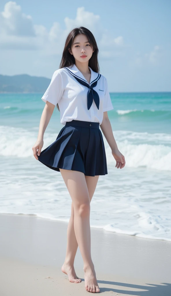 Japanese idol, high school girl, pure, smiling, brown eyes, black hair, twin tails, blue ribbon in hair, light blue and white short-sleeved sailor uniform, belly button exposed, light blue pleated skirt, white socks, sandals, standing in front of a palm tree, resort island, beach, sandy beach, blue sky and white cumulonimbus clouds, gravure photo shoot