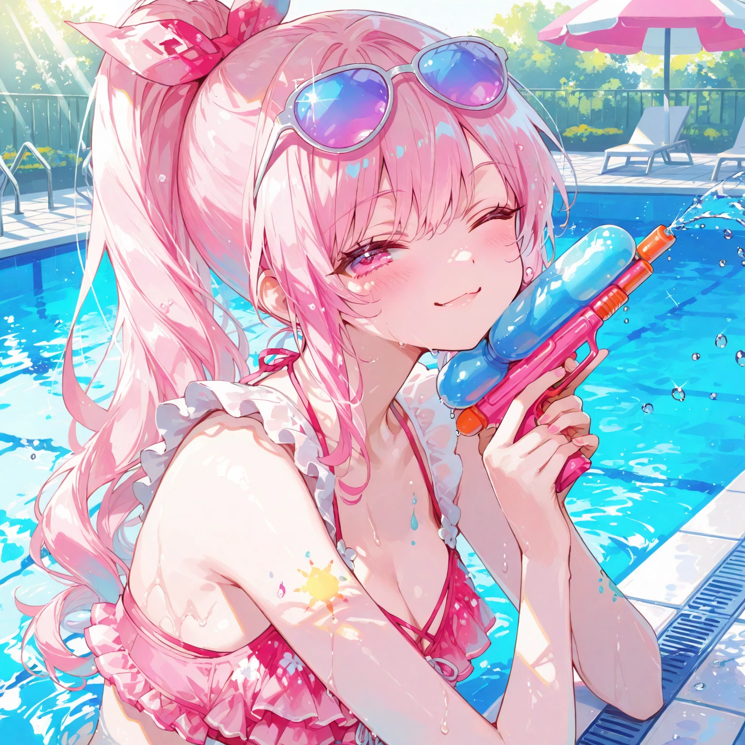 girl goggles, medium breasts, earrings, twintails, pink hair, pink eyes, open mouth smile, wearing pink bikini, glitter, cute, energetic, pink color water gun, background swiming pull, pink theme