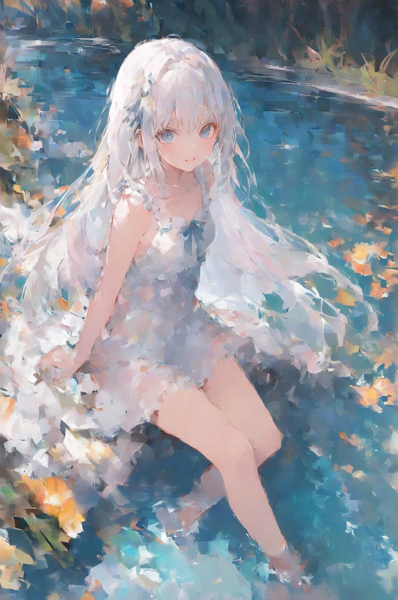 (masterpiece, Highest quality:1.2), One girl, alone,Are standing_Split, Long Hair,Black sleeveless short vest,Particles of light, whole body, Wavy Hair, Floating Hair, smile, Sitting, Open your mouth, Particles of light, Silver Hair, Aqua Eye, View your viewers, Face Focus, "Completely naked", Barefoot, Foot Focus, "Undressing"