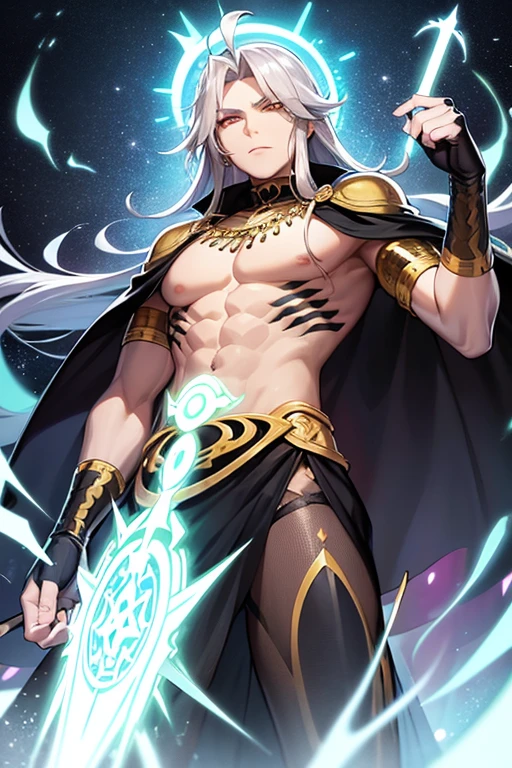 (high-quality, breathtaking),(expressive eyes, perfect face) Symmetrical Eyes, 1 Middle-aged adult male, strong male indigenous warrior, he has exaggerated long gray hair, purple eyes, ele tem pinturas tribais no peito e no rosto, he has armor on his tibia, he has armor on his forearm, He wears tight-fitting pants made of green fabric, he has a long indigenous fabric thong, He's gesturing with his hands