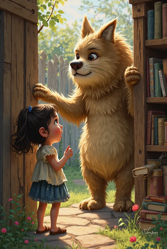 Create an image for story books
Surprising Discovery
As she peeked through the fence, Ellie saw a large, furry creature struggling to reach a book on a high shelf.